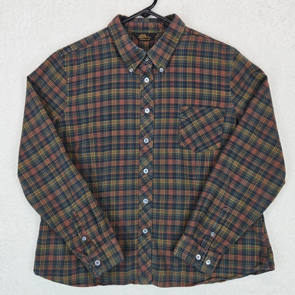 L.L. Bean Women's Rare Silk Blend Plaid Shirt Y2K Gold Script Label Earth Tone S